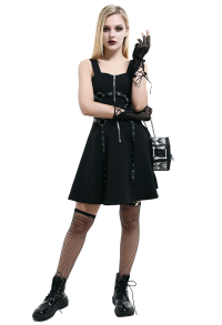 Gothic Ärmelloses Kleid mit Reißverschluss Punk Stil Schwarzes A-Linie Plisseekleid
