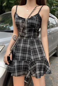Gothic Punk Women Girls Retro Spaghetti Strap Sleeveless Fitted Vest Crop Top A Line High Waist Skirt Plaid Two Piece Set