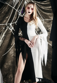 Damen Hexe Kostüme Gothic Schwarz und Weiß Symmetrische V-Ausschnitt Spitze Ärmel Schlitz Kleid für Halloween