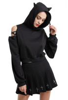 Girls Sexy Cute Gothic Dark Style Cat Ear Plush Long Sleeves Strap Decorated Hoodie Women Hooded Coat Pullover Top for Halloween