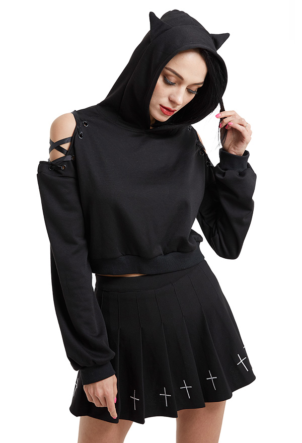 Girls Sexy Cute Gothic Dark Style Cat Ear Plush Long Sleeves Strap Decorated Hoodie Women Hooded Coat Pullover Top for Halloween