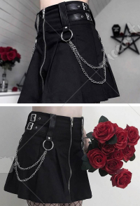 Girls Gothic Punk Dark Style Black A Line Pleated Skirt Women Front Zip Up Mini Short Skirt with Metal Chain Decoration