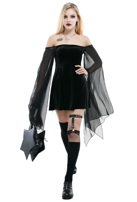 Gothic Punk Dark Style Witch Velvet Square Collar Dress Women Black Sheer Chiffon Bell Sleeve A Line Short Dress
