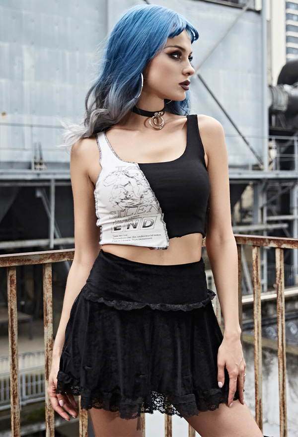 Jupe Courte Gothique Punk Taille Haute en Velours avec Dentelle et Broderie