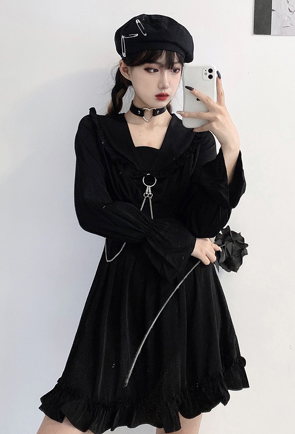 Gothic Punk Dark Style Costume - Women Big Collar V Neck Long Sleeve A Line  Short Party Dress