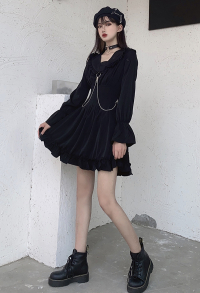Gothic Punk V Neck Party Dress Dark Style Black Polyester Long Sleeve Ruffled Dress