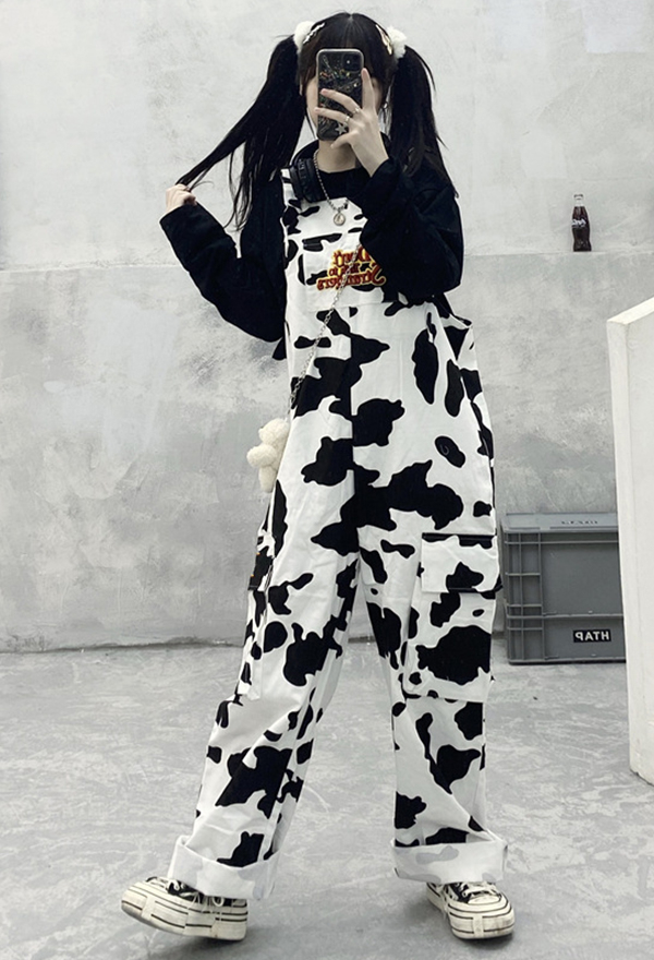 Gothic Punk Dark Style Costume - Women Cow Pattern Printed Oversized  Jumpsuit Casual Jumper Suspender Pants