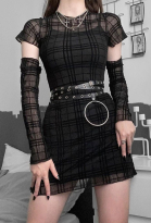 Gothic Punk Dark Style Women Girls High Collar Short Party Dress Retro Plaid Black Short Sleeve Dress with Long Arm Covers