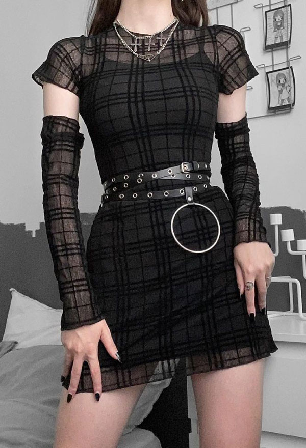 Gothic Punk Dark Style Women Girls High Collar Short Party Dress Retro Plaid Black Short Sleeve Dress with Long Arm Covers