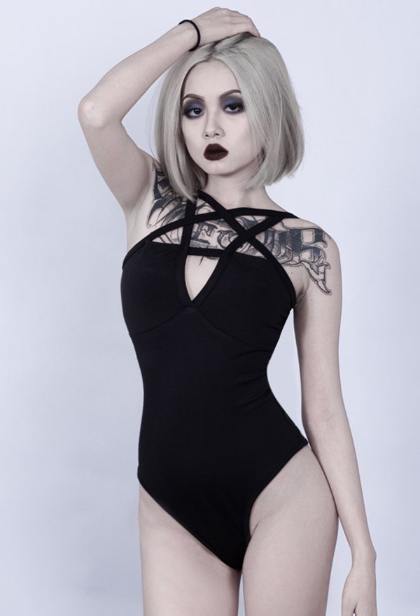 Dark Punk Women Bodysuits Gothic Y2k Black, Cut Out Sexy Summer