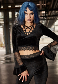 Gothic Punk Dunkler Stil Ausgestellte Ärmel Bauchfreies Oberteil Spitze Perspektive V-Ausschnitt Top