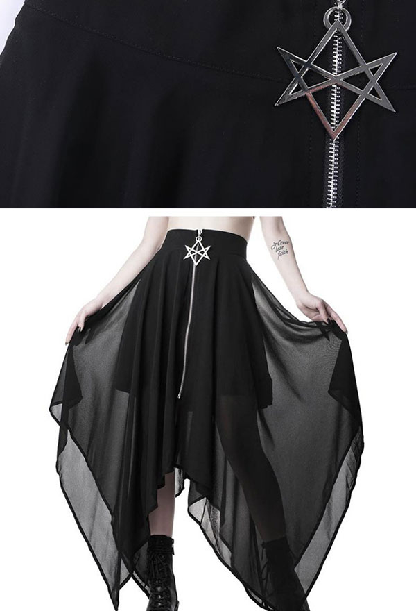 Jupe Longue Gothique Punk Ourlet Irrégulier en Gaze Noir avec Zip