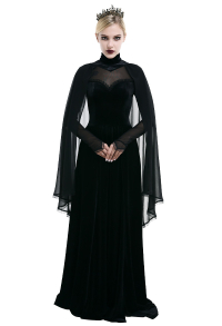 Victorian Evil Queen Bridal Gown Gothic Sheer High Slit Dress Chiffon Elegance Black Lace Overlay Long Wedding Dress