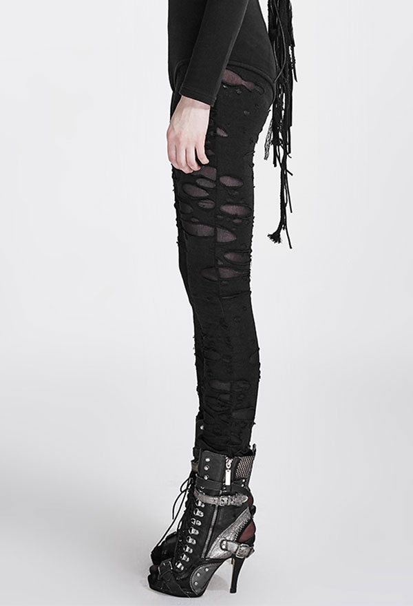 Fishnet Decorated Hole Pattern Ripped Trousers - Punk Rave Gothic