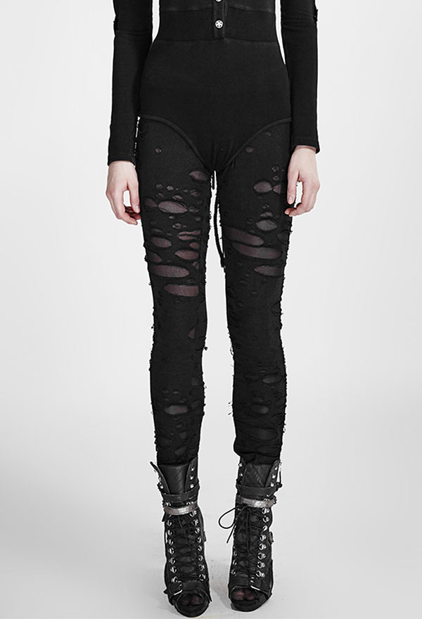 Fishnet Decorated Hole Pattern Ripped Trousers - Punk Rave Gothic Broken  Mesh Leggings