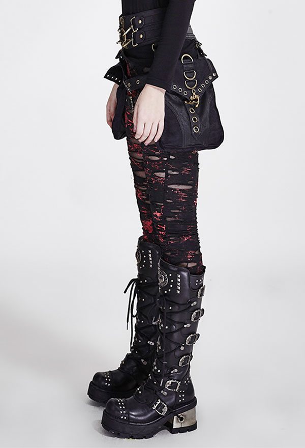 Fishnet Decorated Red and Black Hole Pattern Ripped Trousers - Punk Rave  Gothic Broken Mesh Leggings