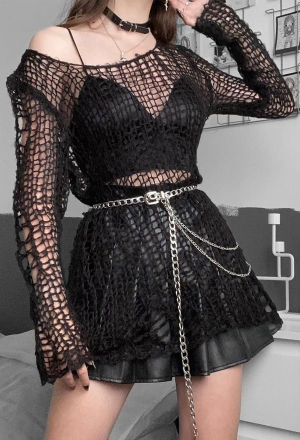 Punk Rave Gothic Black Round Collar Strip Pattern Fishnet Knitting Long  Sleeved T-Shirt Outfit Costume