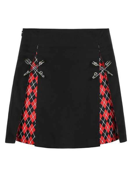 Woman Gothic Cool Dark Style Pin Decorated Grid Pattern Side High Slit Skirt Costume Outfit