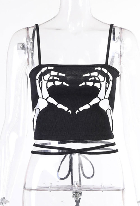 Woman Gothic Cool Dark Style Bone Hands Pattern Tie-Front Backless Lingerie Vest Top Costume Outfit
