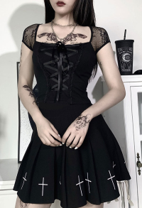 Woman Gothic Cool Dark Style Lace Spliced Tie-Front Short Puff Sleeved T-Shirt Top Cosplay Costume Outfit