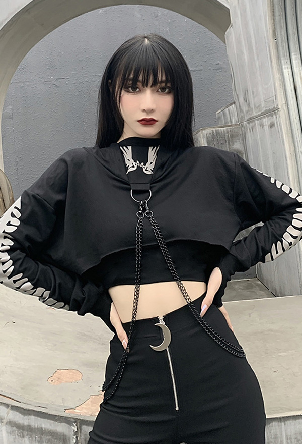 Gothic Style Hoodie Black Fish Bones Chain Long Sleeve Crop