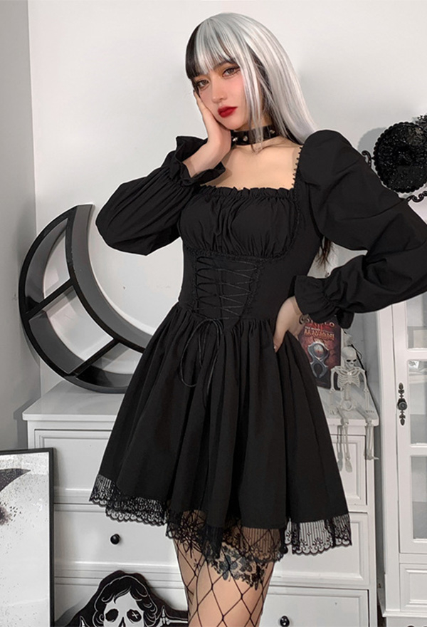 Robe Gothique Robe Noire Rétro en Dentelle avec Manche Courte