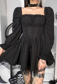 Women Stylish Short Puff Sleeve Mini Dress Gothic Mall Goth Polyester High Waist Front Strap Lace Hem Dress