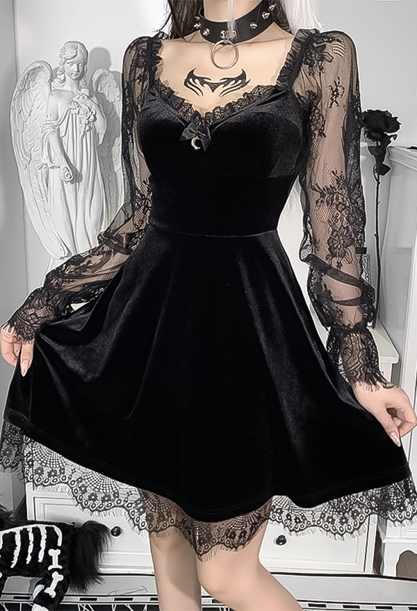 Gothic Casual Retro Elegant Dress Black Lace Sheer Sleeves V Neck Dress