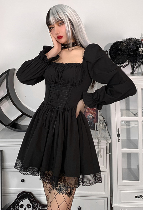 Robe Gothique Sexy Kawaii en Dentelle avec Manche Longue Bouffante