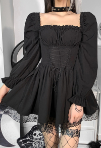 Women Fall Grunge Outfit Stylish Long Puff Sleeve Mini Dress Gothic Mall Goth Polyester High Waist Front Strap Lace Hem Dress