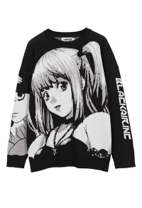 Miss Misa Unisex Black Crewneck Knitted Graphic Long Sleeve Grunge Oversize Pullover Sweater for Fall and Winter