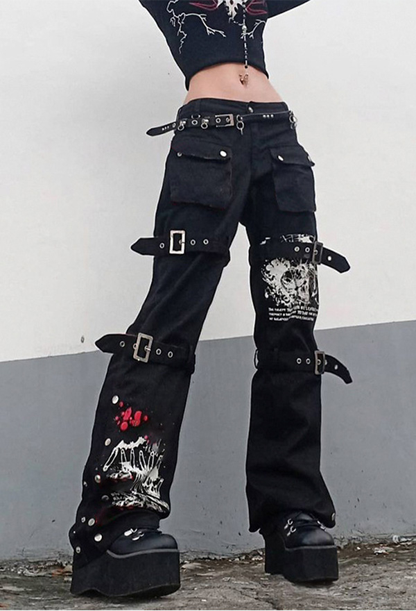 Y2K Jeans - 90s Grunge Style Black Denim Devil Print Egirl