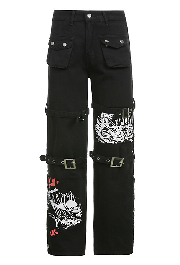 Pantalon Noir Gothique Y2K Fashion avec Impression