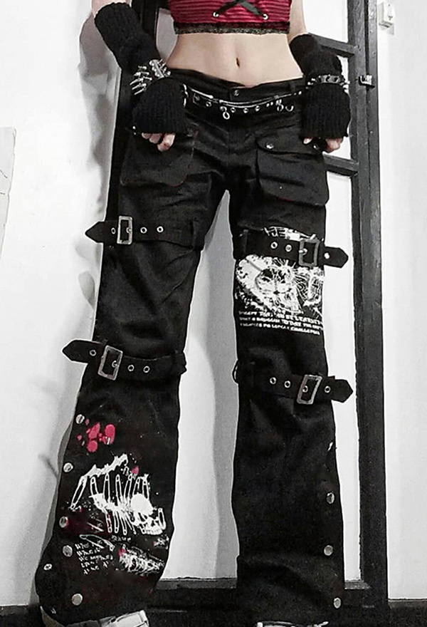 Y2K Jeans - 90s Grunge Style Black Denim Devil Print Egirl Straight  Trousers