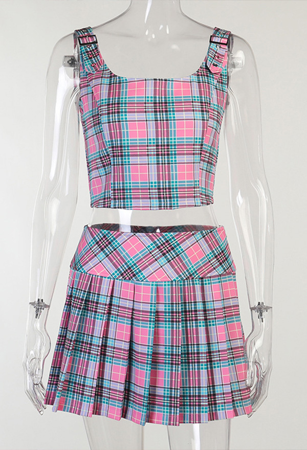 Women Y2K Retro Style Plaid Vest and Skirt Set Buckle Straps Tank Top and Mini Pleated Skirt
