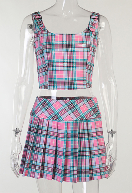 Women Y2K Retro Style Plaid Vest and Skirt Set Buckle Straps Tank Top and Mini Pleated Skirt