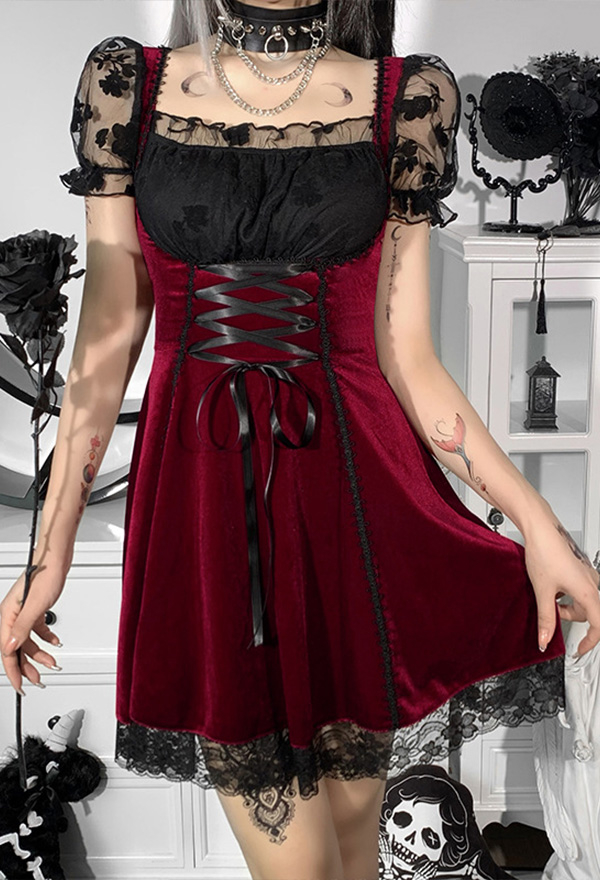 Gothic Stil Hexen Kleid Spitze Puffärmel Crisscross Kleid