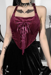 Gothic Fashion Share Your Blood Vampire Top Hot Style Wine Red Velvet Lace Up Irregular Hem Halter Sleeveless Top