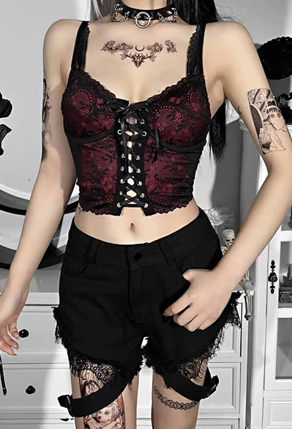 Women Gothic Tank Top - Lace Deep V Criss Cross Lace-up Short Vest
