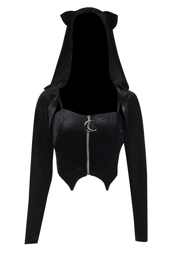 Damen Gothic Katze Style Hoodie und Moon Zipper Crop Top