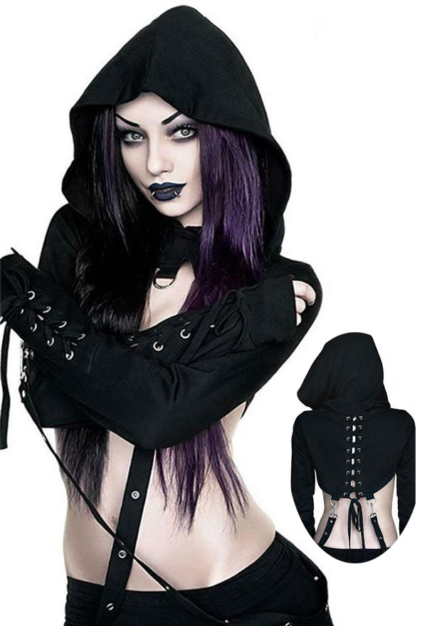 Frauen Gothic Crop Top Halloween Lace-up Langarm Hoodie