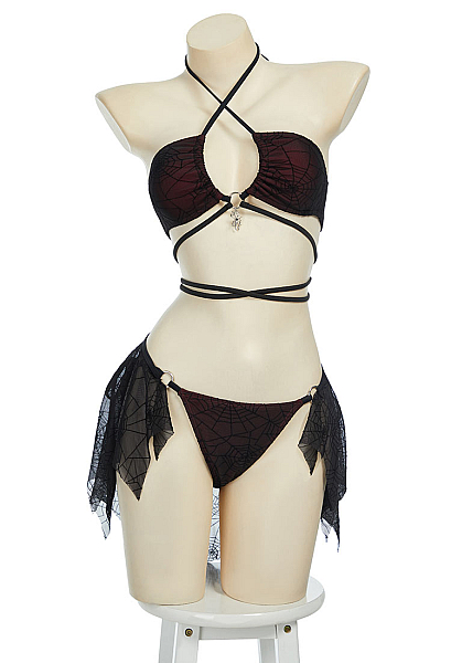 Gothic Spiderweb Patterned Two-piece Swimsuit Halter Neck Top and Brief with Wrap Skirt