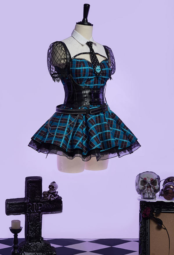 MH Frankie Derivative Gothic Blue and Black Plaid Dress Dark-style  Patchwork Dress with Waist Girdle and Tie