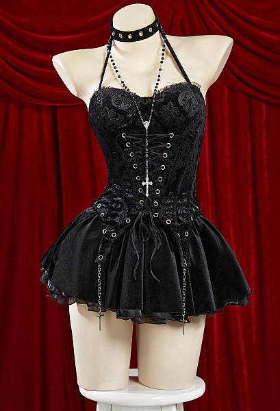 Halloween Gothic Schwarzes Tunika Kleid Set Neckholder Tunika Top Rock mit Handschuhen
