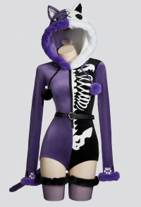 Fallen Angels Gothic Purple Black Colorblock Bodysuit Plush Contrasting Symmetry Skull Pattern Bodysuit with Tail and Belt