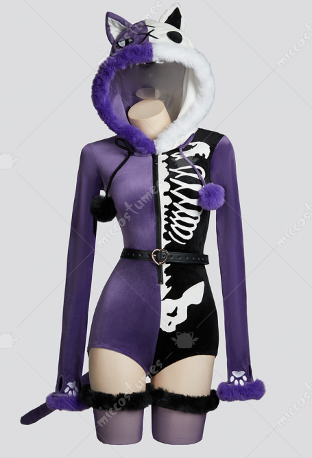 Fallen Angels Gothic Purple Black Colorblock Bodysuit Plush Contrasting Symmetry Skull Pattern Bodycon Romper with Tail and Belt
