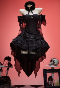 Miss Misa Gothic Black Bride Dress Set Lace-up Top and Layered Skirt with Hairband and Choker