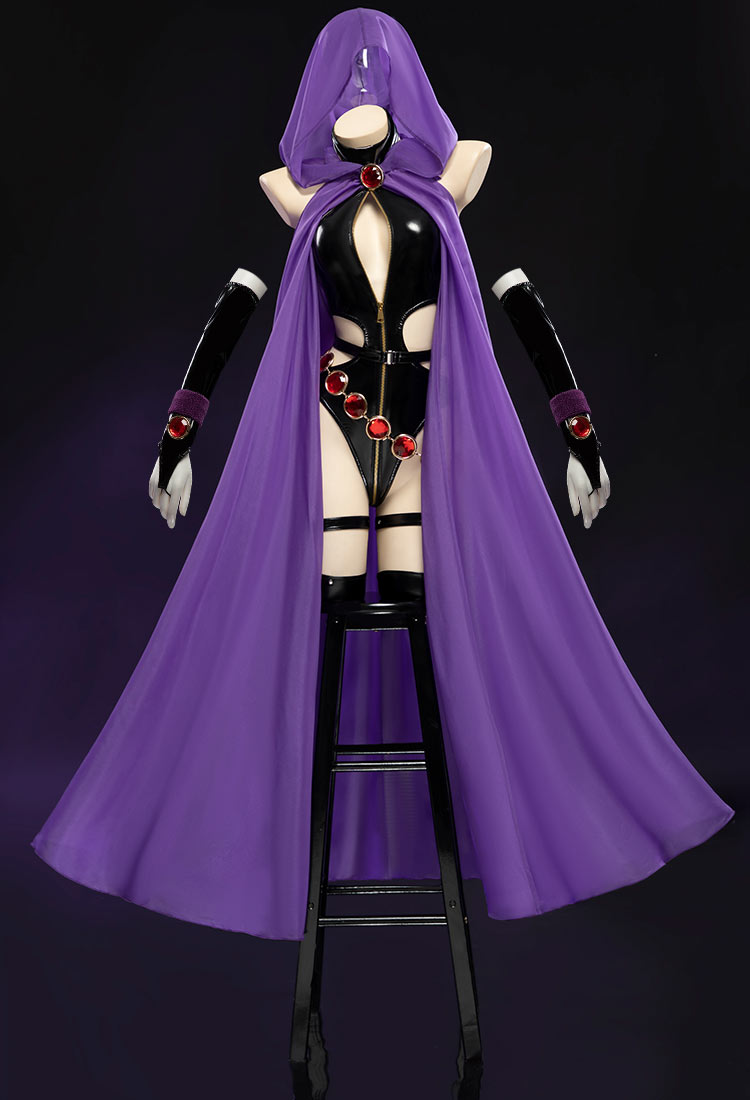 Gothic Sexy Black Halter Backless Bodysuit Cutout Leather Bodysuit with Hooded Cape and Belt