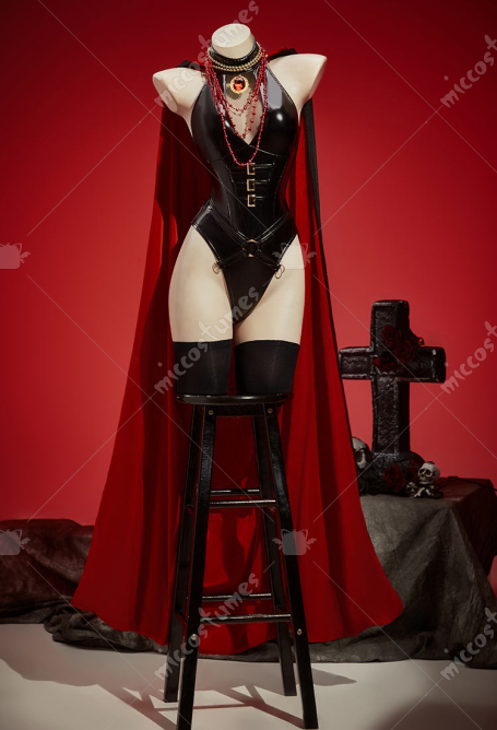 Dark Shadow Gothic Black Sexy Suit Cutout Bodysuit with Long Cape and Necklace