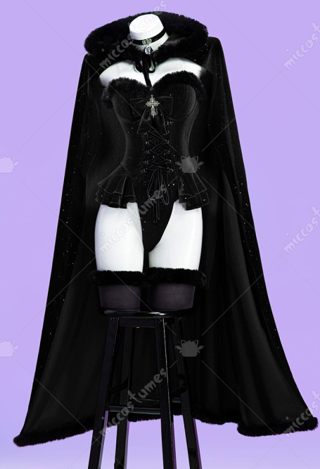 Christmas Gothic Plush Suit Velvet Bodysuit with Hooded Cloak and Gloves